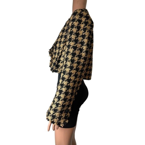New ZARA Tweed Houndstooth Cropped Textured Blazer Jacket Women's Brown Size L - Picture 2 of 9